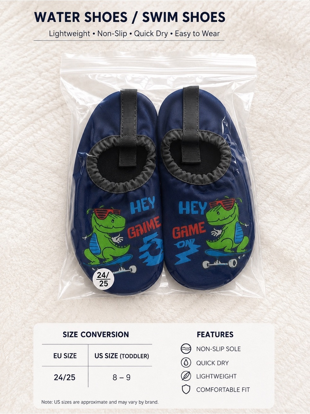 Kids Navy Blue Dino Water Shoes - Lightweight Non-Slip Swim Shoes